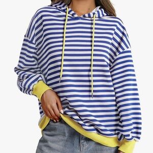 Striped Blue & White Hooded Sweatshirt with Yellow Trim